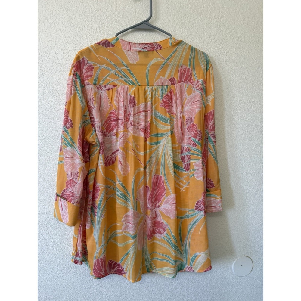 Ava & Grace 1X Floral Blouse Tropical Rayon 3/4 Sleeve Boho Orange Summer Resort - Picture 3 of 15